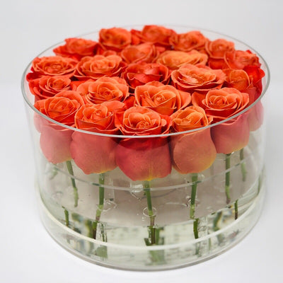 Modern Rose Box with preserved roses that last for years with orange roses