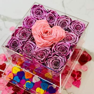 Clear Modern Rose Box with Forever Roses Long lasting roses that last for years with metallic pink roses for Valentine's Day