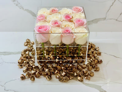 Modern Rose Box with preserved roses that last for years with an ombre mix of ivory roses and pink roses
