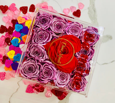 Modern Rose Box with preserved roses that last for years with metallic pink roses and accented with a red petal heart and jewelry drawer