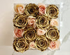 Modern Rose Box with preserved roses that last for years with a mix of peach roses and metallic gold roses