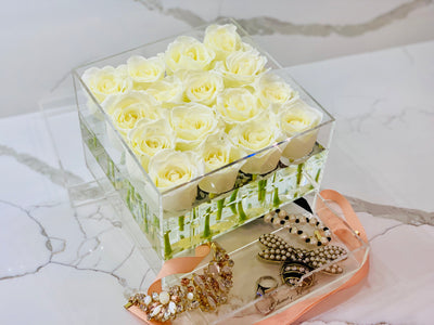 Modern Rose Box with preserved roses that last for years with ivory roses and jewelry drawer