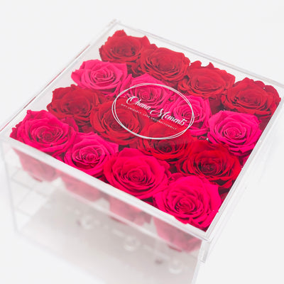 Clear Modern Rose Box containing a mix of Hot Pink Roses and Red Roses that will last for years