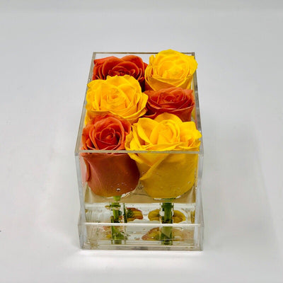 Clear Modern Rose Box with Forever Roses Long lasting roses that last for years in orange roses and yellow roses