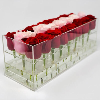 Modern rose box containing two dozen preserved long lasting roses in red roses and pink roses