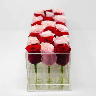 Modern rose box containing two dozen preserved long lasting roses in red and pink