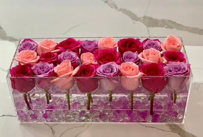 Modern rose box containing two dozen preserved long lasting roses in hot pink roses, lavender roses and light pink roses