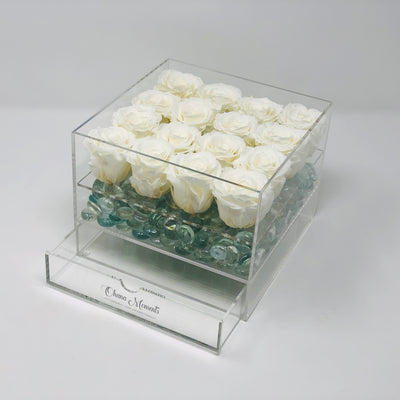 Rosebox with natural white forever roses that last for years not days. Sympathy flowers