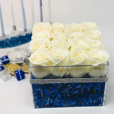 Hanukkah Holiday Modern Rose Box with Preserved White Roses that last for years, long lasting roses