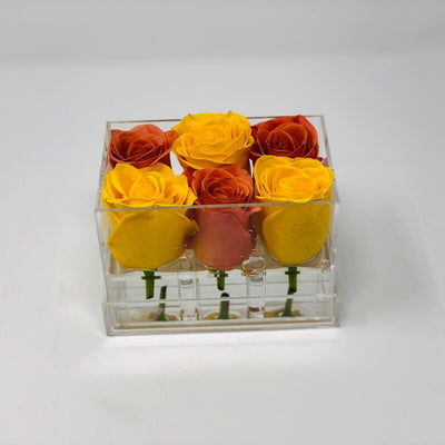Clear Modern Rose Box with Forever Roses Long lasting roses that last for years in orange roses and yellow roses