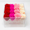 Clear Modern Rose Box with Forever Roses Long lasting roses that last for years with  an ombre mix of ivory roses, pink roses, hot pink roses and red roses for Valentine's Day