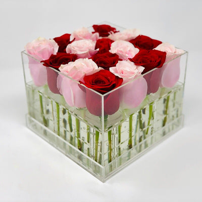 Modern Rose Box with preserved roses that last for years in red roses and pink roses