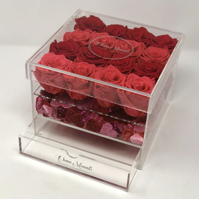 Red Forever Roses and Pink forever roses that last years in a modern acrylic rosebox with jewelry drawer