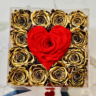Clear Rose Box with Preserved roses that last for years with gold metallic roses for Valentine's Day Roses