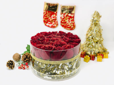 Christmas Holiday Modern Rose Box with Preserved Red Roses that last for years, long lasting roses