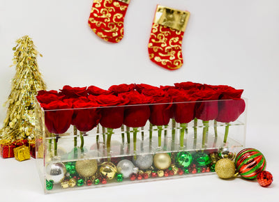 Clear Modern Rose Box with Forever Roses that last for years in a classic red and decorated for the Christmas holiday