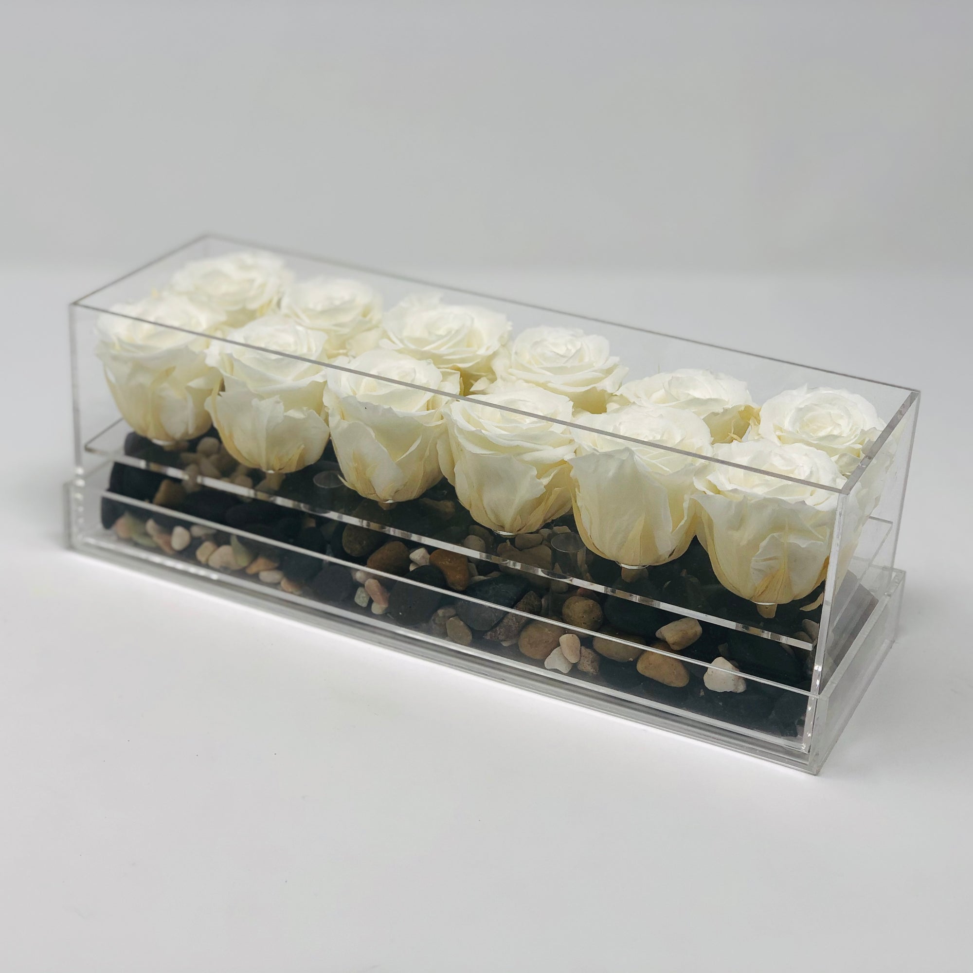 A dozen white forever roses that last for years in a modern acrylic rosebox