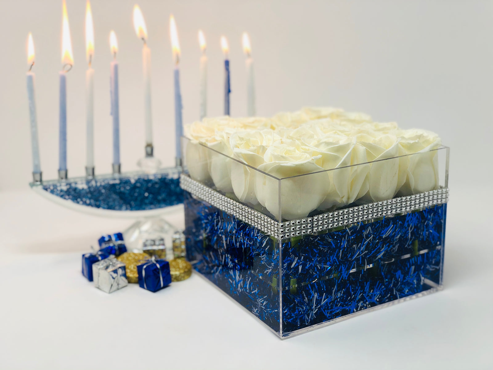 Hanukkah Holiday Modern Rose Box with Preserved White Roses that last for years, long lasting roses