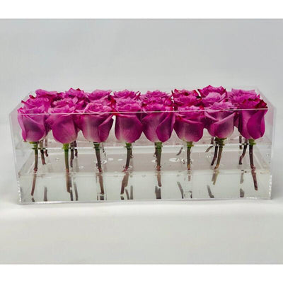 Modern rose box containing two dozen preserved long lasting roses in lavender roses