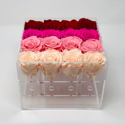 Modern Rose Box with preserved roses that last for years with an ombre mix of red roses, hot pink roses, ivory white roses and pink roses