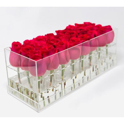 Modern rose box containing two dozen preserved long lasting roses in hot pink roses