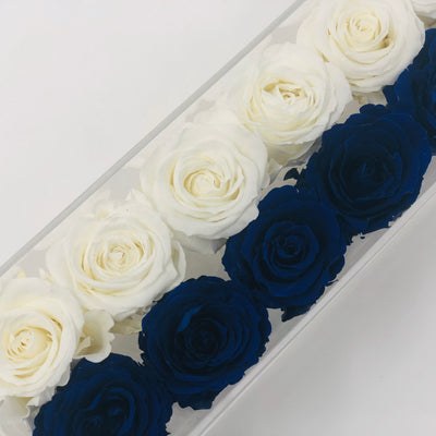 Blue Roses and White Roses rose box arrangement with forever roses that last years