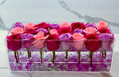 Modern rose box containing two dozen preserved long lasting roses in hot pink roses, lavender roses and pink roses