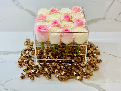 Modern Rose Box with preserved roses that last for years in pink roses and ivory white roses