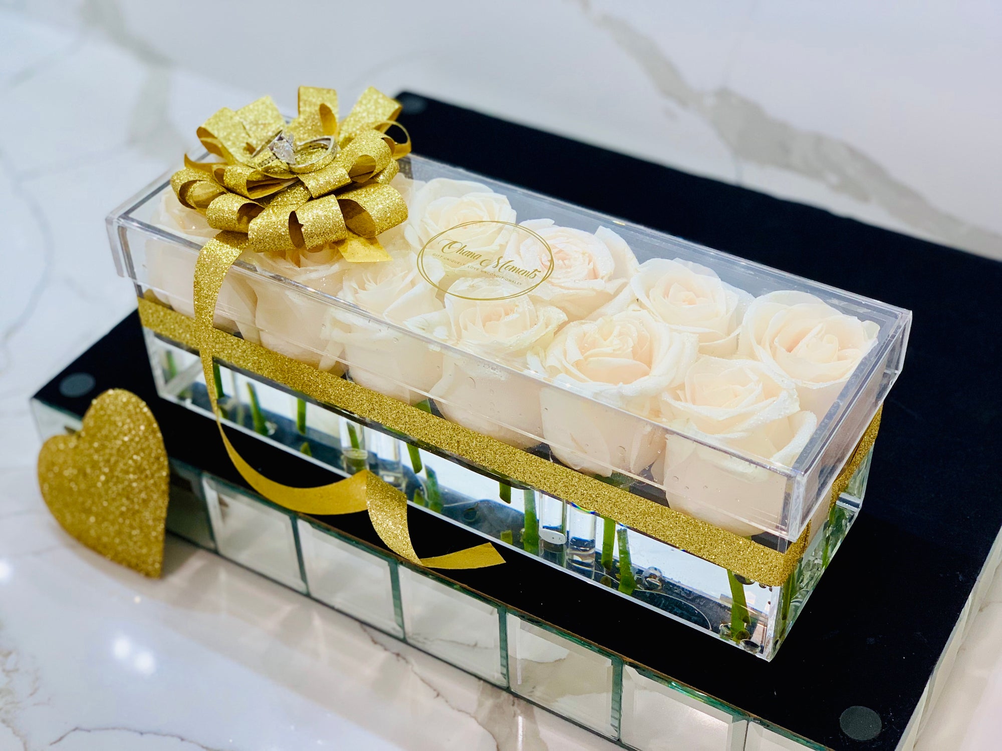 Clear Modern Rose Box with Forever Roses Long lasting roses that last for years with white roses