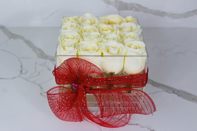 Modern Rose Box with preserved roses that last for years with ivory white roses