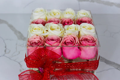 Modern Rose Box with preserved roses that last for years with a mix of ivory white roses and pink roses