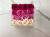 Modern Rose Box with preserved roses that last for years with an ombre mix of red roses and pink roses, lavender roses and ivory roses