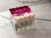 Modern Rose Box with preserved roses that last for years with an ombre mix of red roses and pink roses, lavender roses and ivory roses