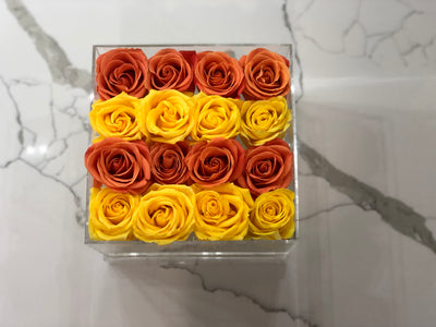 Modern Rose Box with preserved roses that last for years with a mix of yellow roses and orange roses