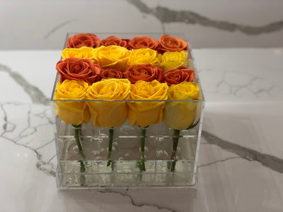 Modern Rose Box with preserved roses that last for years with a mix of yellow roses and orange roses