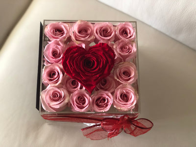 Modern Rose Box with preserved roses that last for years with pink roses and accented with a red petal heart and jewelry drawer