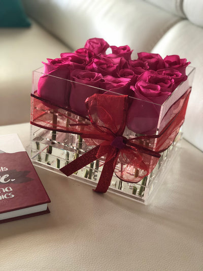 Modern Rose Box with preserved roses that last for years in hot pink roses