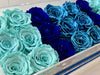 Modern rose box containing two dozen preserved long lasting roses in blue roses, navy blue roses and metallic blue roses