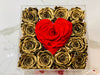 Modern Rose Box with preserved roses that last for years with metallic gold roses and accented with a red petal heart