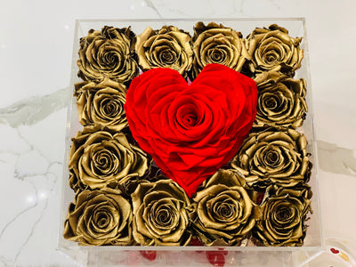 Modern Rose Box with preserved roses that last for years with metallic gold roses and accented with a red petal heart