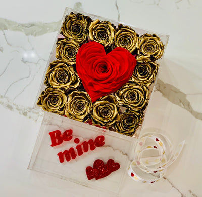 Clear Rose Box with Preserved roses that last for years with gold metallic roses for Valentine's Day Roses
