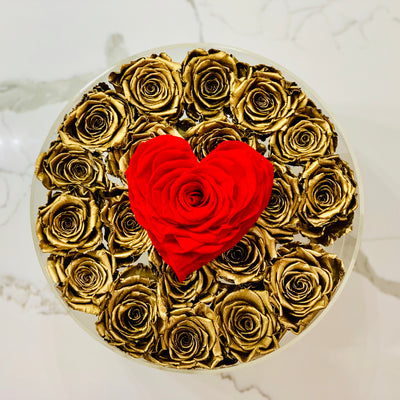 Modern Rose Box with preserved roses that last for years with metallic gold roses and large red petal heart