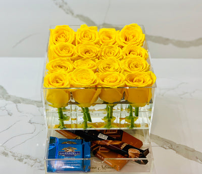 Modern Rose Box with preserved roses that last for years with yellow roses