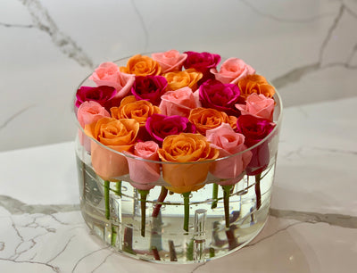 Modern Rose Box with Preserved long last lasting roses that last for years with hot pink roses, pink roses and orange roses